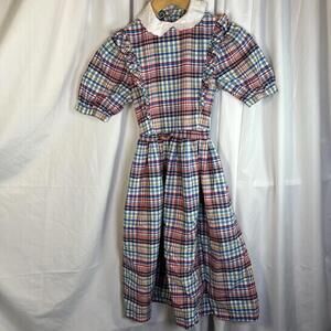 RALPH LAUREN Girls 80’s Ruffle Plaid Red White VTG S/S Peter Pan Collar Size 8